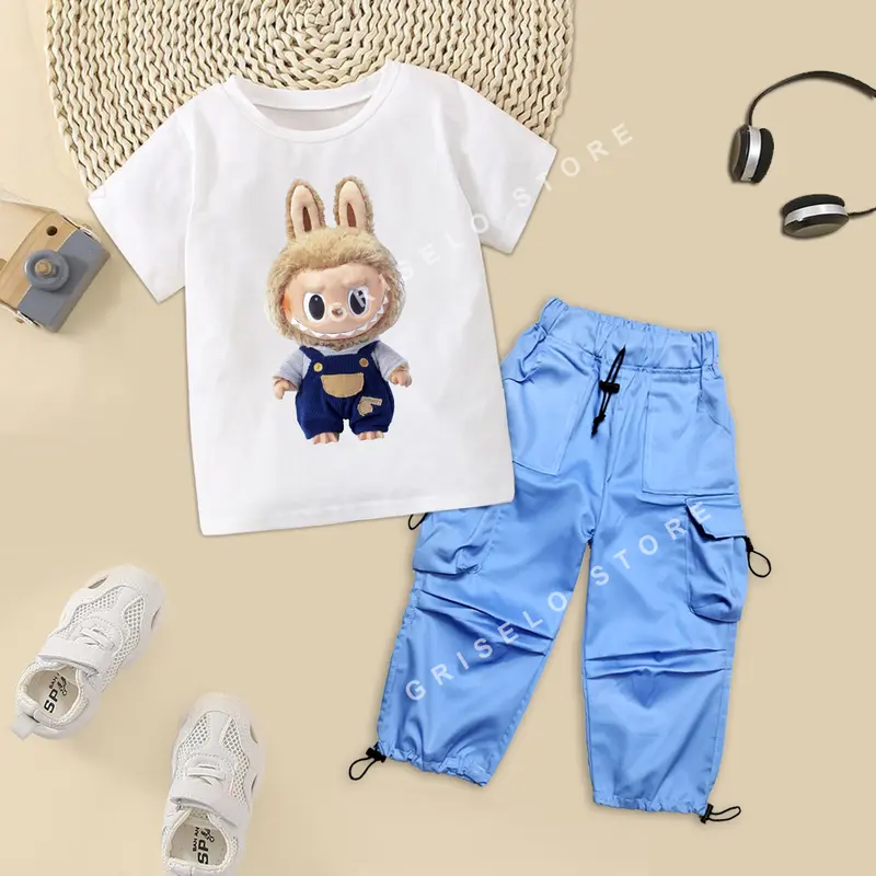 One Set Setelan Anak Perempuan Yoona Cargo Pants dan Kaos Karakter Lucu Usia 1-13 Tahun Unisex 1
