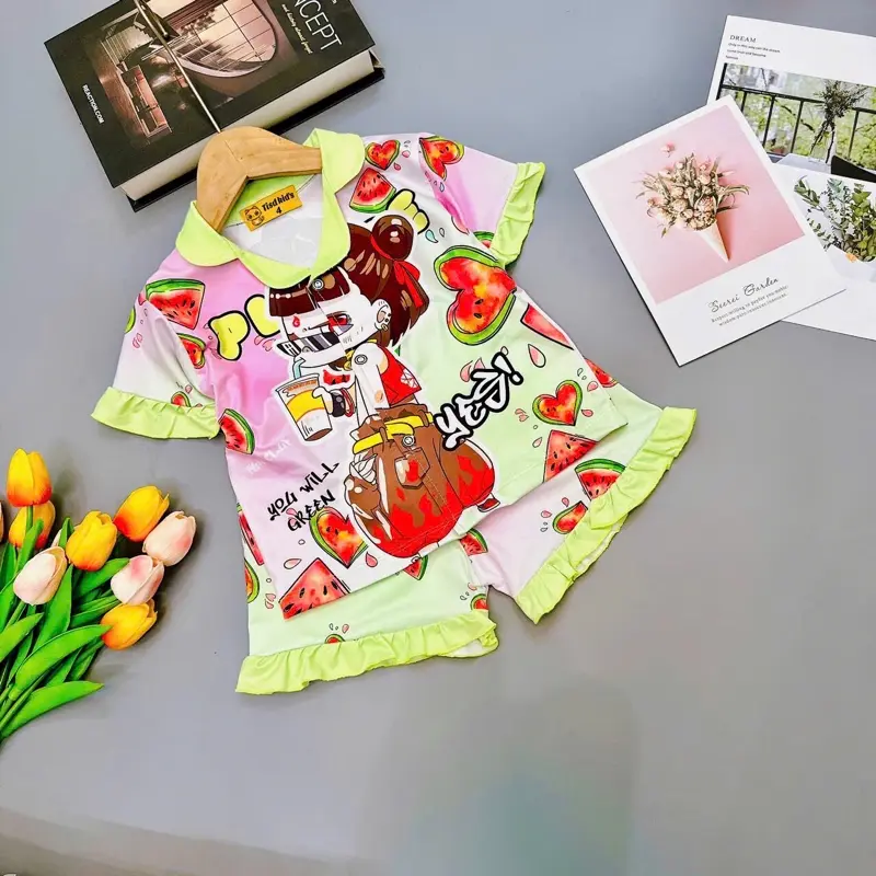 (10kg tới 70kg ) Set mẹ và bé gái cộc tay quần đùi bèo hàng thun lạnh in hoạ tiết 3D hoạt hình cho bé gái mặc nhà, đi học , đi chơi cho bé gái mặc xinh xăn đáng yêu, mặc mát ở nhà Cotton Thun đồ  ngủ  áo  ngủ capybara đồ  ngủ đồ  tết