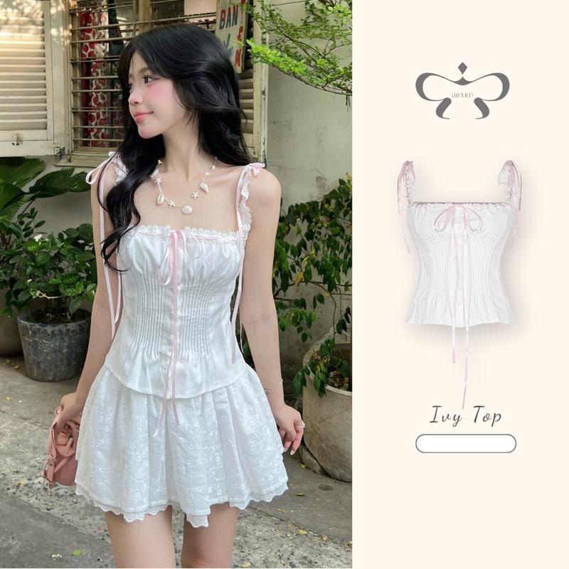 AREUM Áo Croptop Hai Dây Ivy Top Phối Ren Thắt Nơ