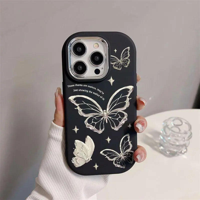 case IP 11 XR 12 13 14 15 7 8 XS plus Pro Max,Fashion Cute cartoon Silver Beautiful Butterfly,Durable couple gift Protective Indonesia Case for Girl 2