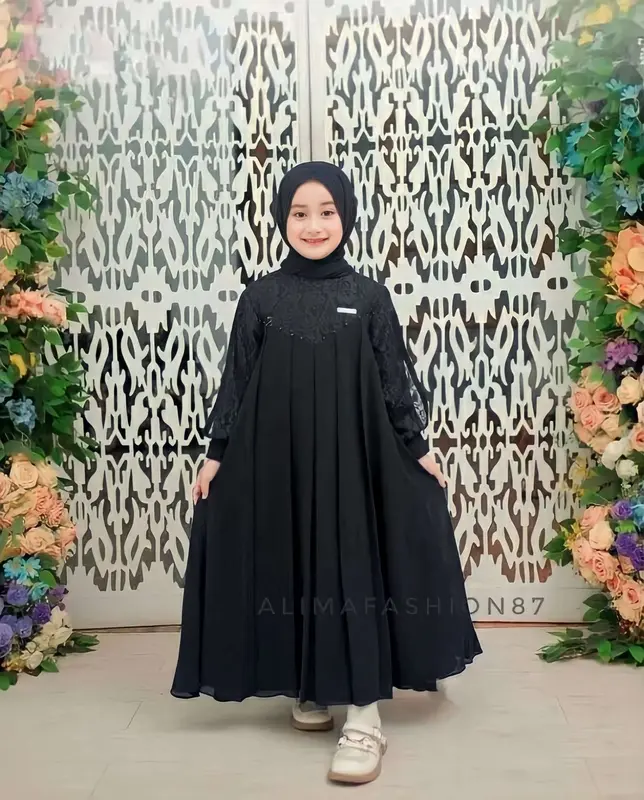 Inara Kids Set Pashmina Gamis Anak Perempuan 5-13 Tahun Dress Kondangan Setelan Anak Gamis Brukat Baju Wanita Muslim Syari Ceruty 3