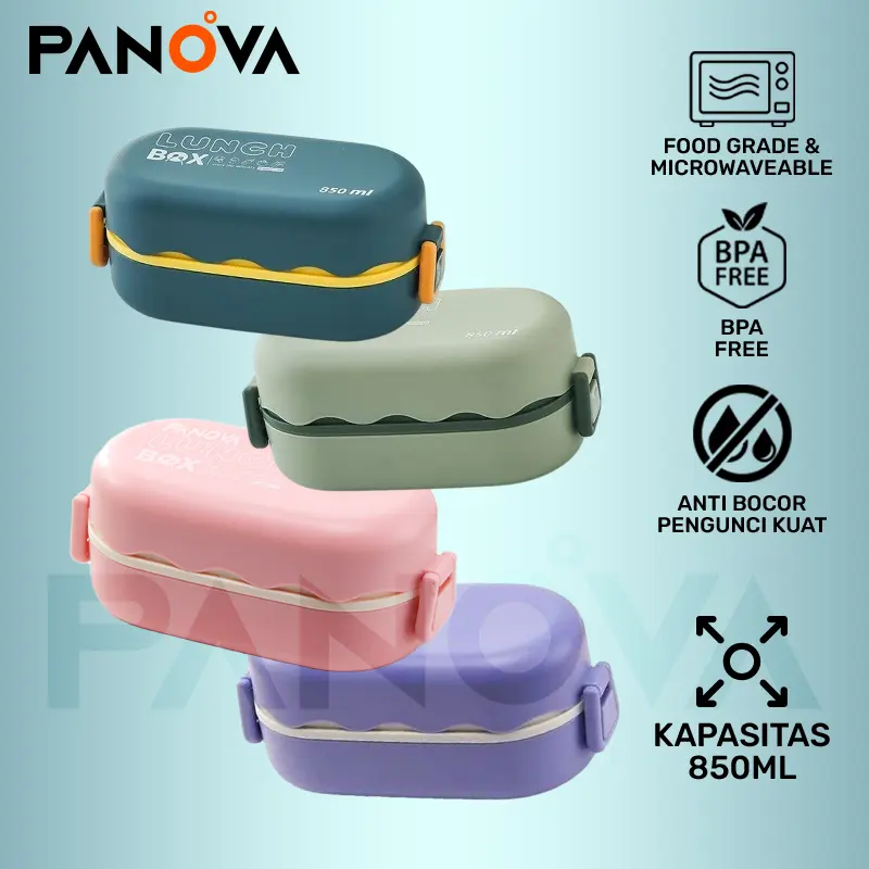 【BISA COD】PANOVA Lunch Box Set 850ML Kotak Bekal Makan 2 Sekat Aman Microwave Tempat Bekal Makan Anti Tumpah Kotak Bekal Lunchbox Anak Sekolah For School Wadah Lauk Plastik Pink Kitchenware BTW30301