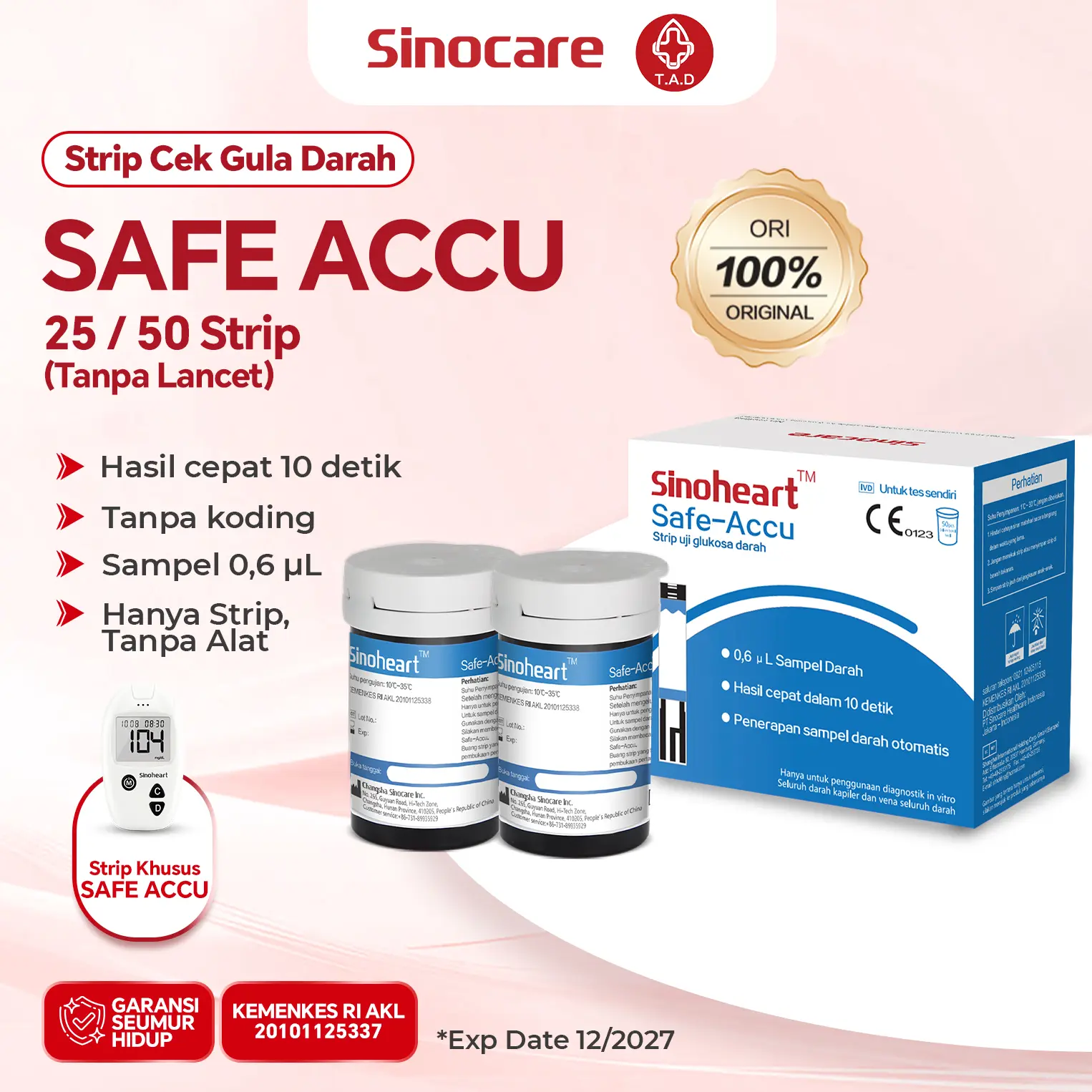 Sinoheart Safe Accu Sinocare Isi Alat Cek Gula Darah BGM Strip (25/50) Tanpa Lancet