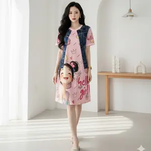 DRESS JERSEY ROMPI JEANS MOTIF PRINTING CASUAL WANITA / DRESS ROMPI JEANS SERIES / DRESS MOTIF PRINTING MINI CASUAL WANITA