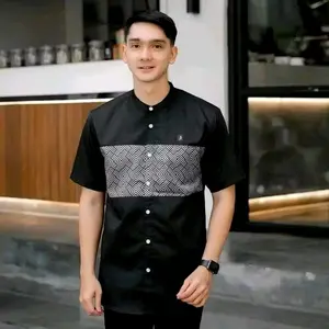 Baju Koko Muslim Pria Model Kautsar Tajol Toyobo Kurta Kombinasi Polos Bahan Katun Premium Super Tebal Halus Dingin Model Kerah Leher Tinggi Atasan Kancing Depan Lengan Pendek Motif Remaja Dewasa Variasi Warna Warni Hitam Cerah Gelap Panjang Baju Sedang