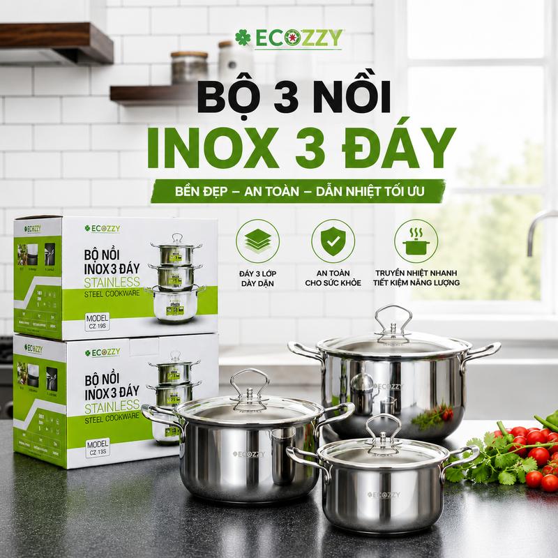 Bộ nồi Inox 3 đáy Ecozzy 3 nồi đường kính 18-20-24 cm sử dụng được bếp từ, bếp hồng ngoại, bếp điện, bếp gas
