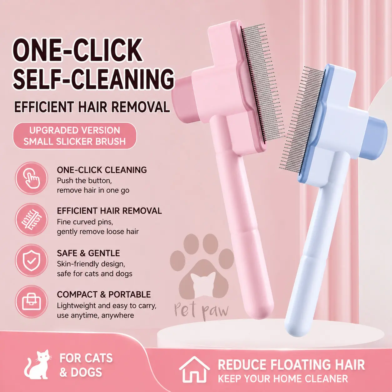 Sisir Kucing Anjing Self Cleaning One Click Hair Removal Comb Pet Brush Grooming Anti Kusut