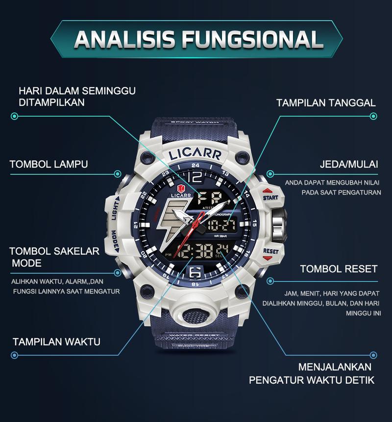 Product Introduction of LICARR Jam Tangan Pria Olahraga Analog-Digital Fashion Tahan Air Santai Kuarsa Jam Tangan Cowok Original Merek Stopwatch 9528 44
