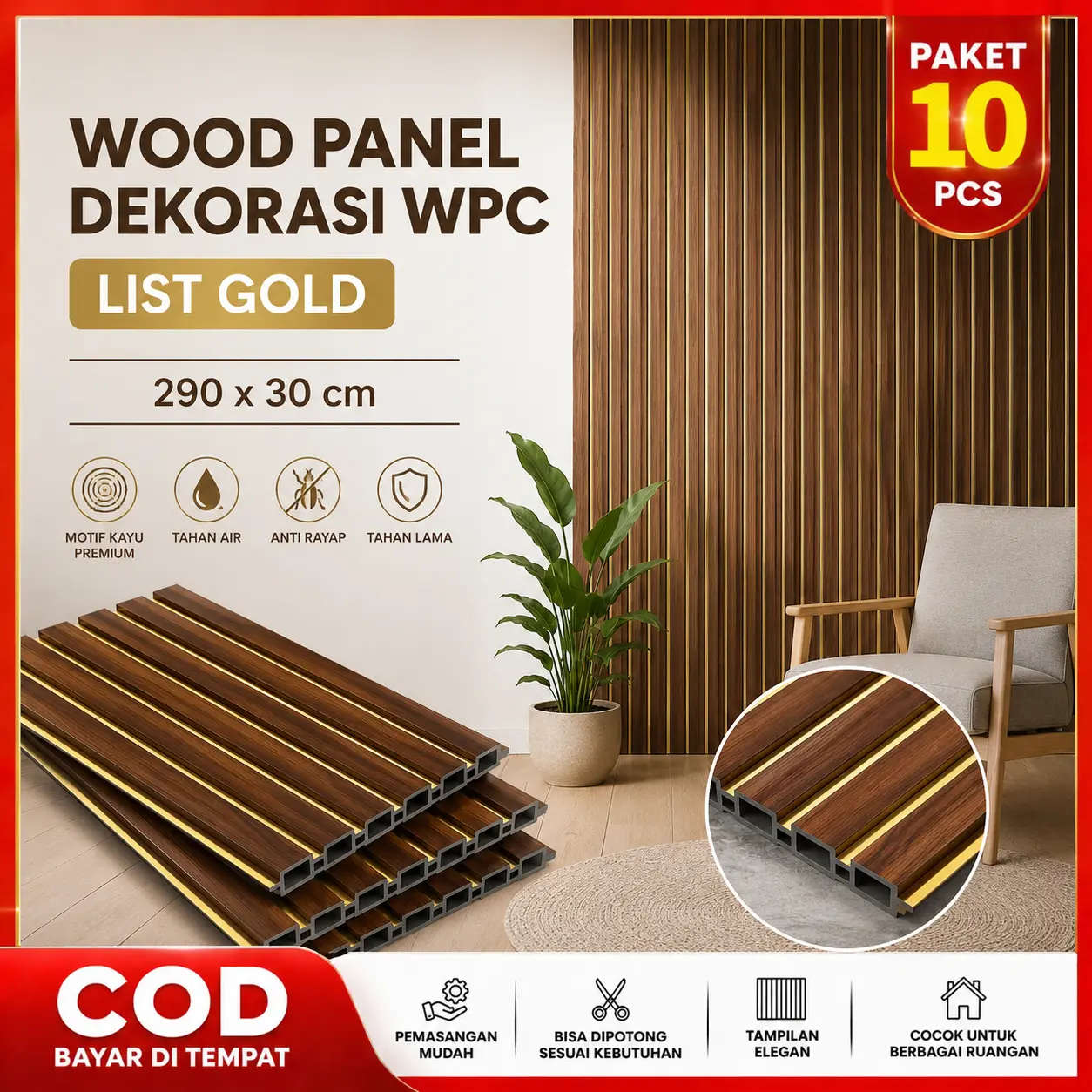 PAKET 10 PCS - Wood panel Dekorasi Kisi Kayu dengan List Gold Rumah Mewah Wall Panel Dinding Kayu Dekoratif 2,9 M X 30 CM Bahan Komposit Echo Wood sentuhan list emas mewah