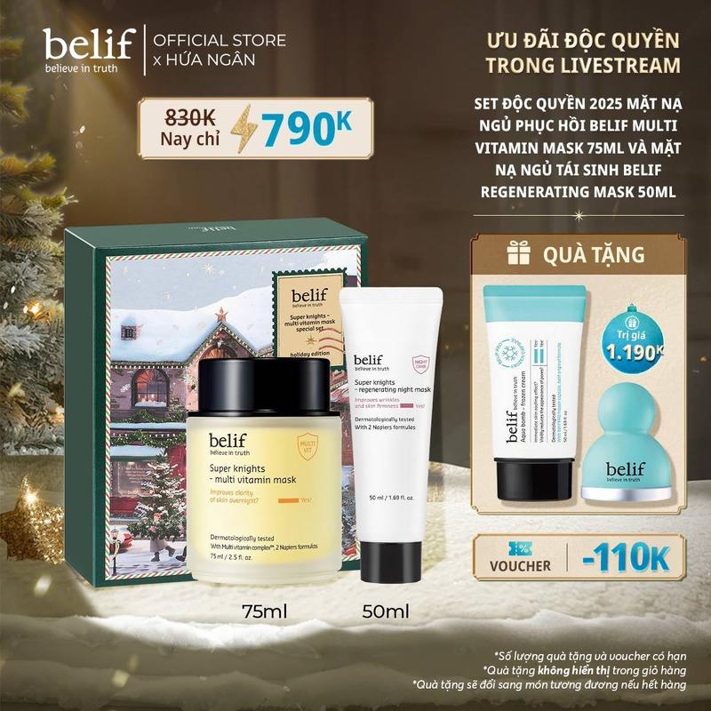 belif Official x Hứa Ngân Set độc quyền 2025 Mặt nạ ngủ phục hồi belif Multi Vitamin Mask 75ml và Mặt nạ ngủ tái sinh belif Regenerating Mask 50ml App
