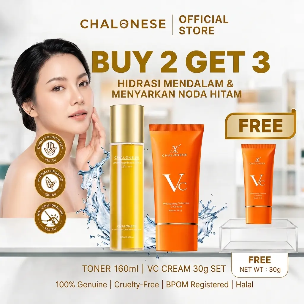 CHALONESE buy 1 get 3 paket glass skin [toner+2pcs vc cream] membantu menutrisi melembabkan membantu menglowingkan wajah makeup tanpa ribet hasil glowing natural dan aman untuk kulit sensitif tone up cream mencerahkan menutupi dark spot