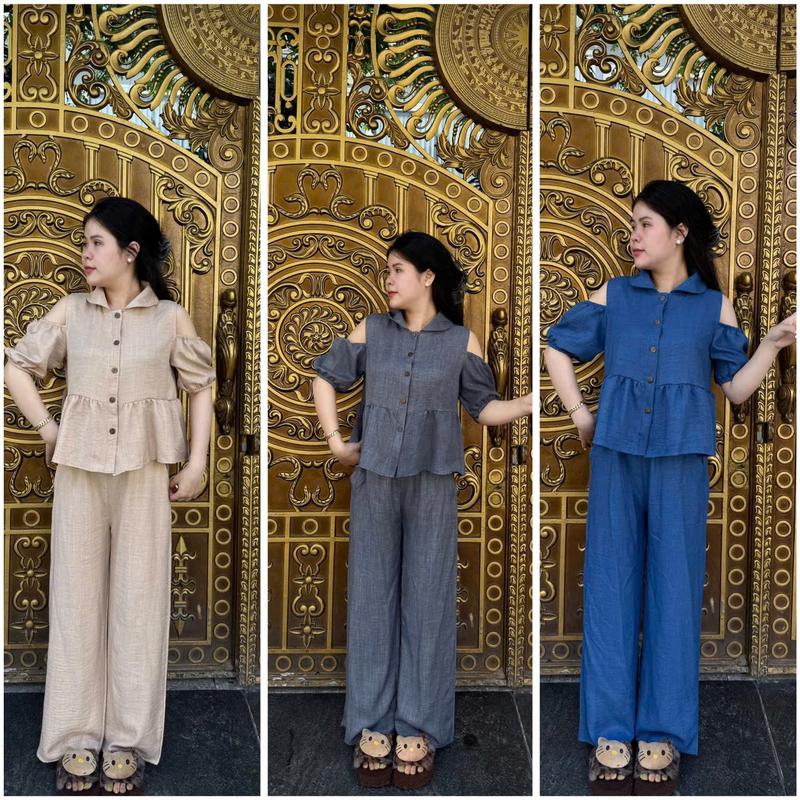  Sét bộ áo babydoll tay lở hở vai phối quần suông trẻ trung hack dáng thời trang 