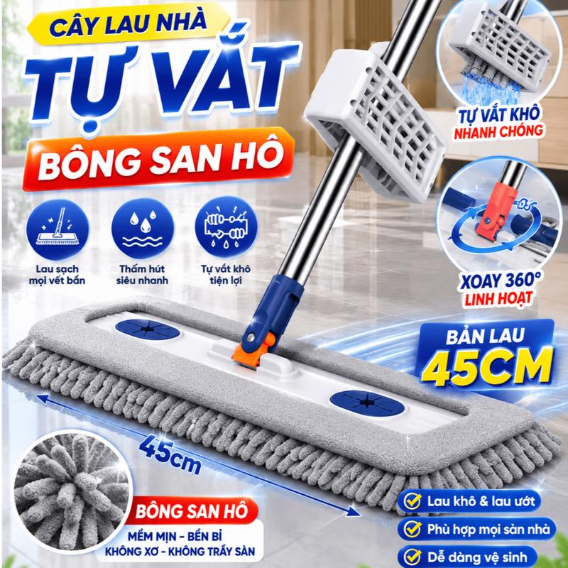 ( LOẠI CAO CẤP ) Cây Lau Nhà Tự Vắt 45cm Tặng Kèm 2 Bông Lau, Xoay 360°, Siêu Tiện Lợi