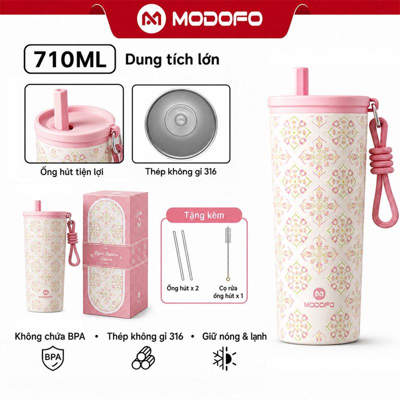 MODOFO Bình Giữ Nhiệt 710ML Có Ống Hút Inox 304 Giữ Lạnh 24H Giữ Nóng 18H Chống Rò Rỉ Cốc Nước Du Lịch Văn Phòng
