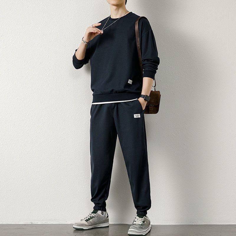 Product Introduction of Waffle Sweater Suit Loose Casual Autumn and Winter New round Neck Men's Long-Sleeved Trousers Teen Clothes 2