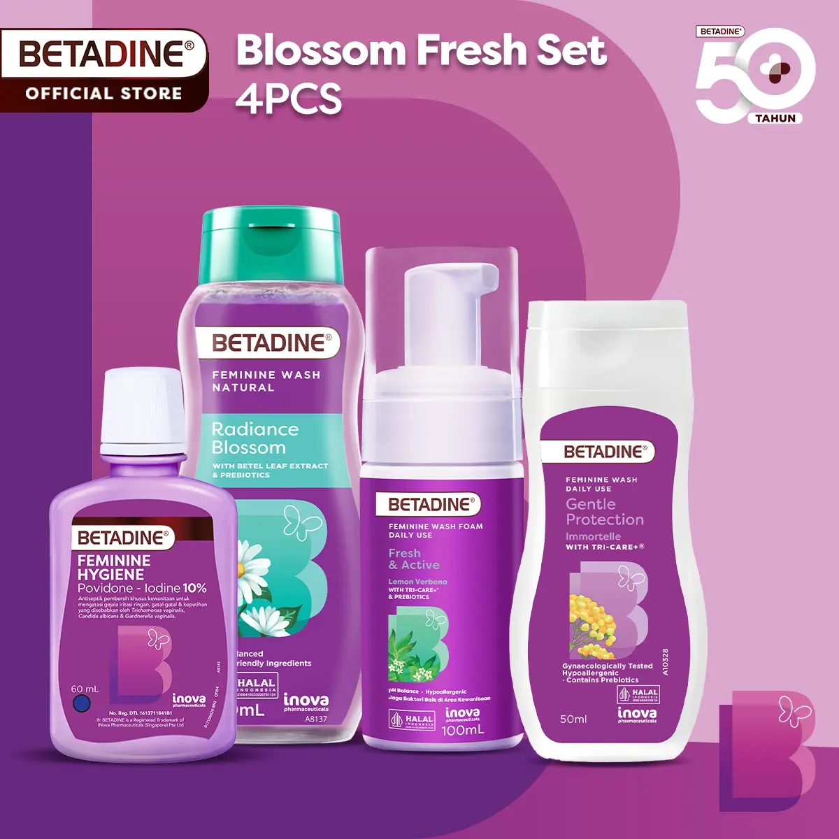 Betadine Feminine Care Blossom Fresh Set– Feminine Wash dengan Ekstrak Daun Sirih & Prebiotik – Membantu Mengurangi Bau Tidak Sedap, Menjaga Kesegaran, pH Seimbang, Perawatan Area Kewanitaan Sehari-hari