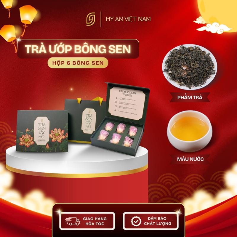 [Hy An] - Trà Ướp Bông Sen Tây Hồ Thượng Hạng - Quà Biếu Cao Cấp - Loại Hộp Gồm 6 Bông Nước Trà Thơm Ngon Đến Từ Hy An Chè Chua Tea Tra Trà Xanh Hữu Cơ Hộp Trà Tết