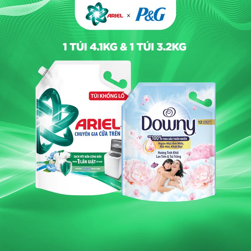 Combo Nước giặt Ariel Cửa Trên Sạch bẩn nắng sớm 4.1kg + Nước xả vải Downy Tinh Khôi 3.2L