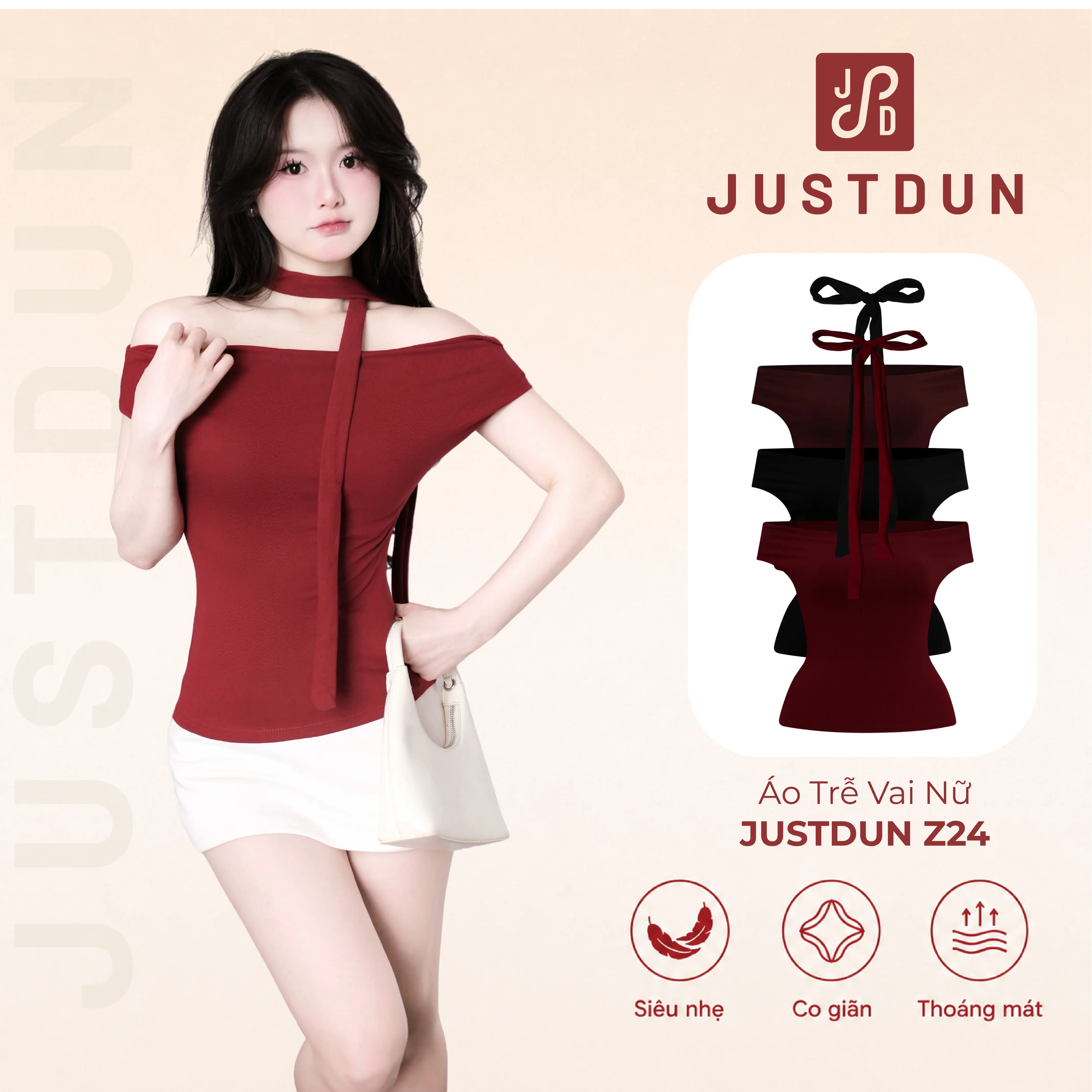 Áo Trễ Vai Nữ JUSTDUN Z24 – Chất Cotton Mềm Mịn, Co Giãn Nhẹ, Form Ôm Đẹp, Tôn Dáng