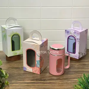 Gelas Gagang Kaca/ Gelas Shell 500 ML Warna Terang Kemasan Box Tenteng Motif