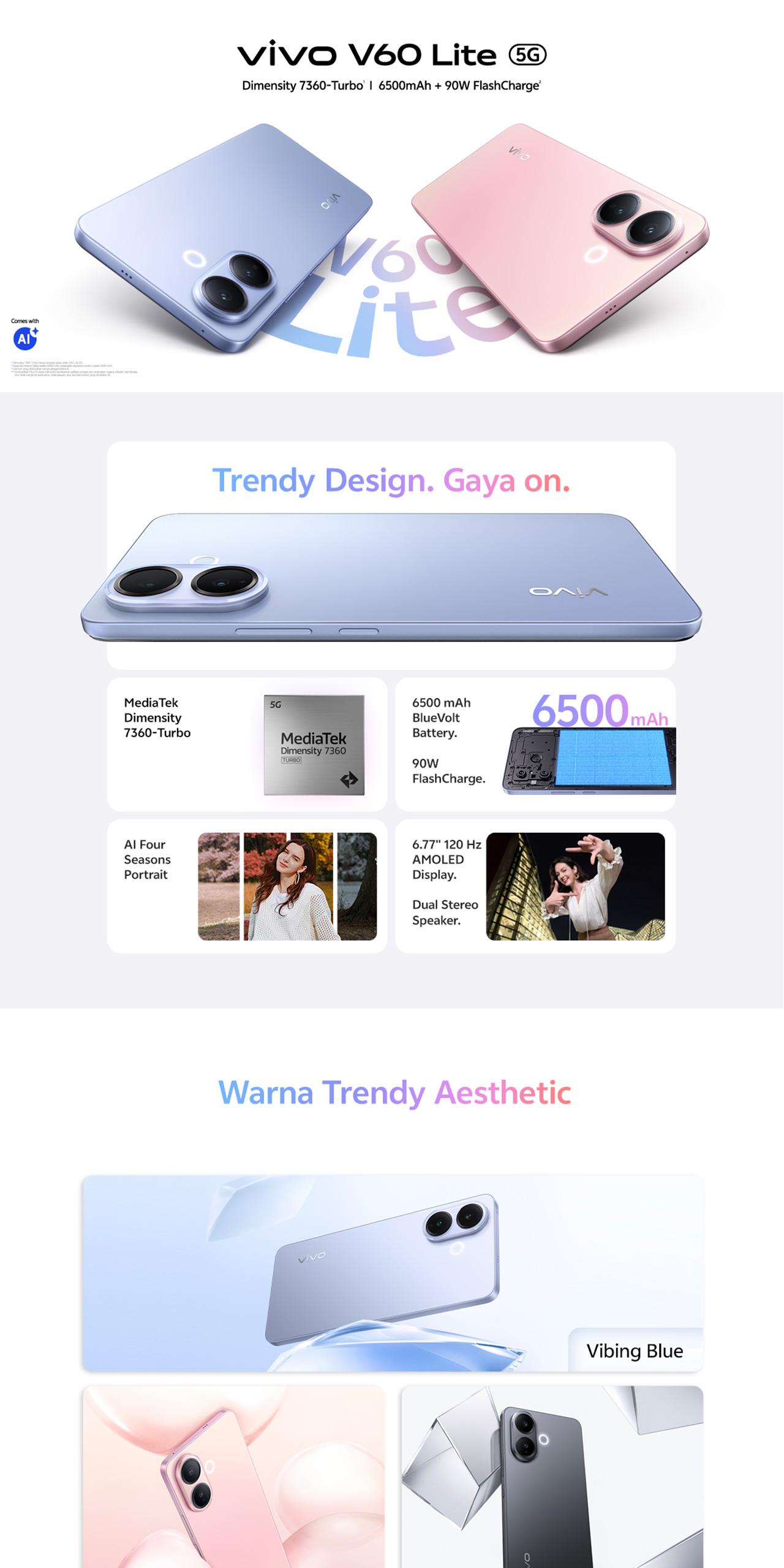 [NEW LAUNCH] vivo V60 Lite 5G (12/512) Dimensity 7360-Turbo, 6500 mAh + 90W FlashCharge, 50MP Sony Camera, AI Four-Seasons, SGS 5-Star Drop Resistance