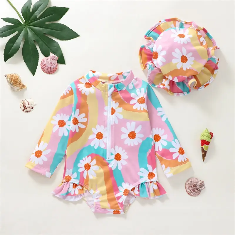 Kid Girl Romper Swimsuit, Long Sleeve Stand Neck Zipper Beach Pool Bodysuit Swimwear + Hat