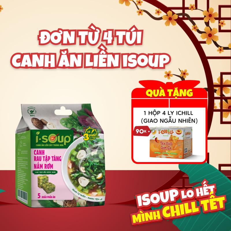 Canh Rau Tập Tàng Nấm Rơm ISOUP 35g 05 Viên - Canh Ăn Liền Sấy Thăng Hoa