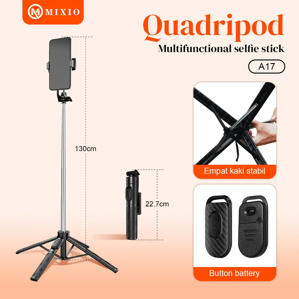 MIXIO A17 130cm Quadpod Tongsis Tripod 130cm With Remot Bluetooth Tongkat Konten Selfie Stick 4 Kaki Tripod Multifungsi