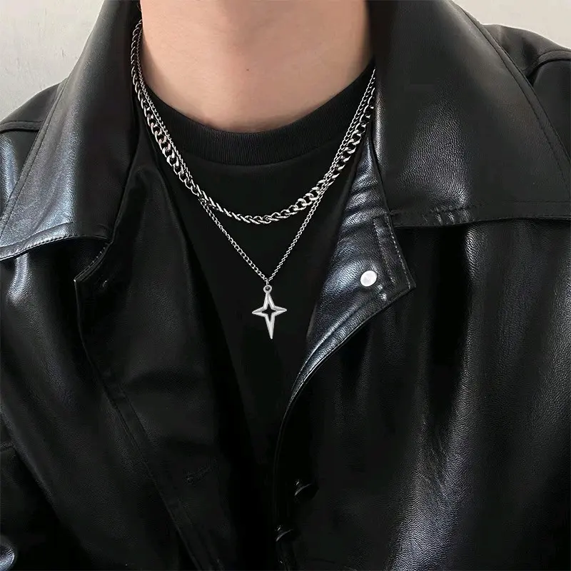 Kalung Double Layer Liontin Salib Bintang Gaya Hip Hop Titanium Anti Karat Pria Wanita Silver Stainless
