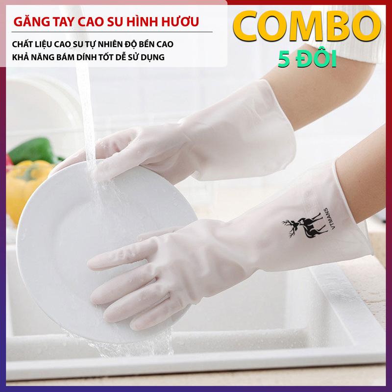 COMBO 5 Đôi Găng Tay Cao Su Rửa Chén Bát Và Lau Dọn Nhà Cửa DLS Găng Tay Cao Su Con Hươu Siêu Dai Làm Bếp Làm Vườn Chống Ăn Mòn Bảo Vệ Đôi Tay Của Bạn Tiện Lợi