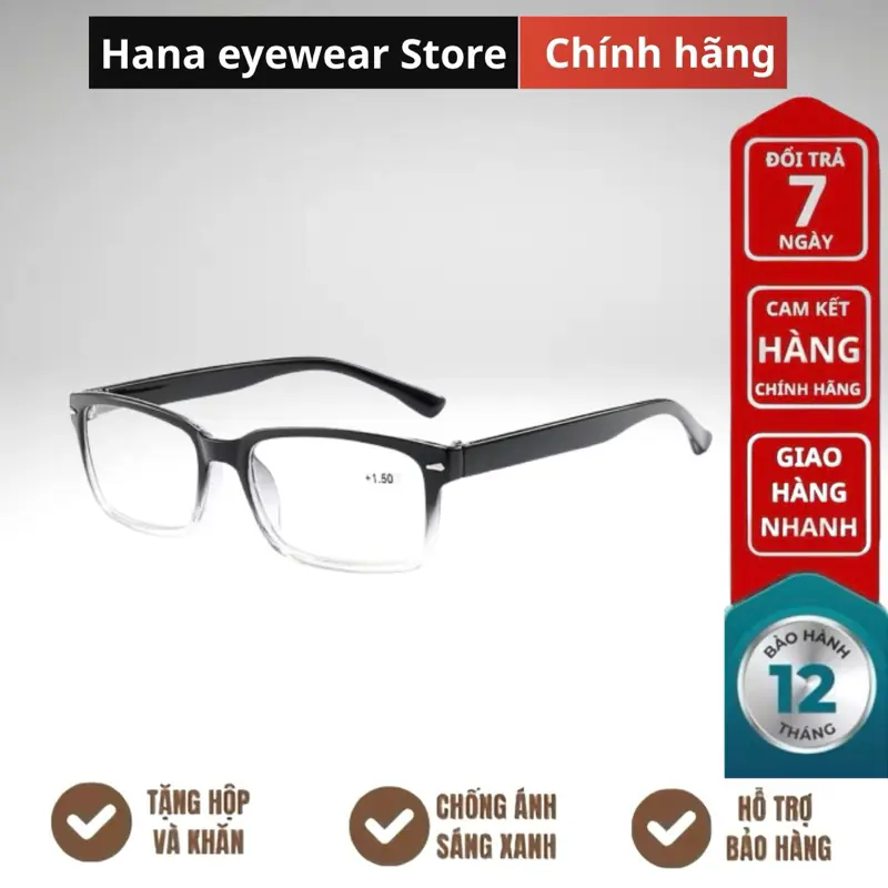 Kính lão thị, viễn thị, Kính đọc sách, nam nữ thời trang tặng khăn tặng hộp đựng, Màu đen