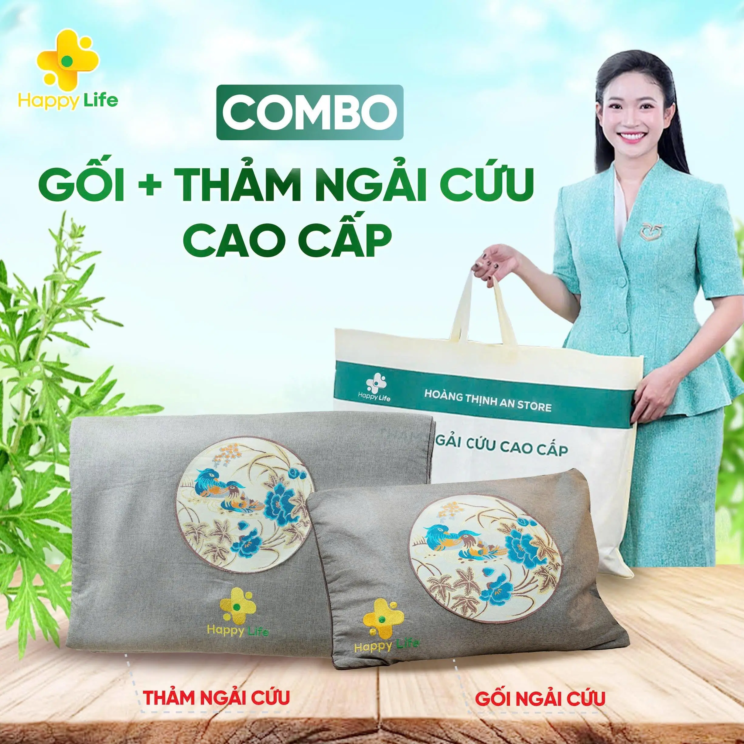 Combo Thảm Và Gối Ngải Cứu Hoàng Thịnh An Cao Cấp Chính Hãng 150x60cm, Thảm Điện, Đệm Sưởi Ngải Cứu Đông Y Hỗ Trợ Đau Vai Gáy, Đau Lưng, Nhức Mỏi Xương Khớp