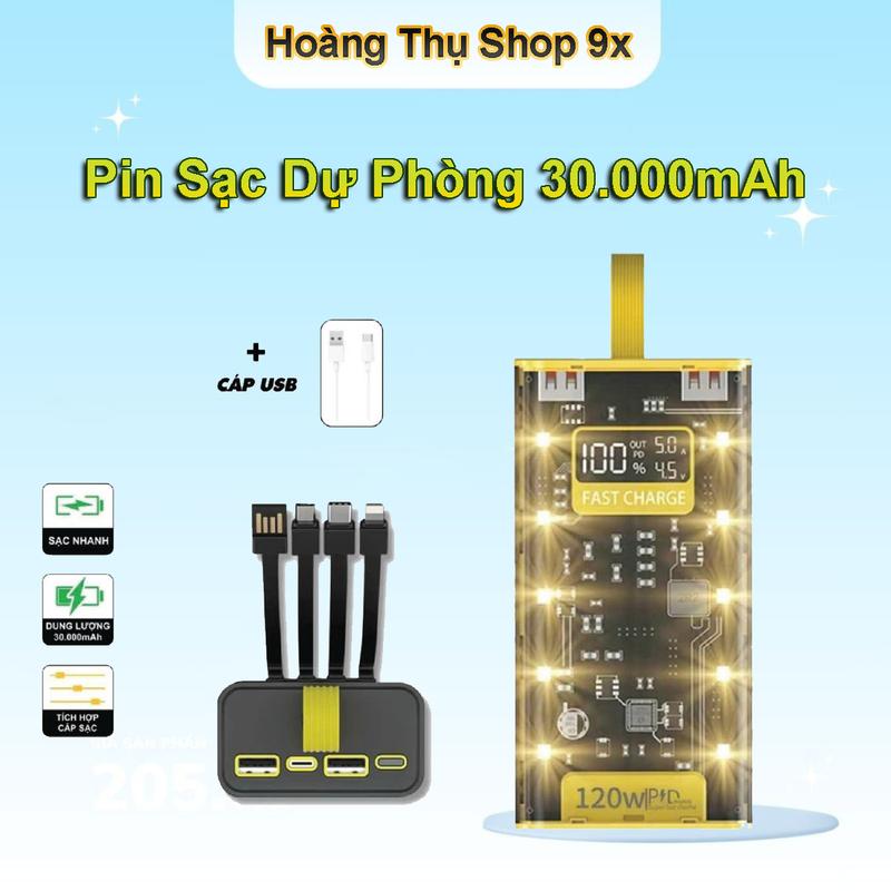 Sạc Dự Phòng 30000mAh 120W Dung Lượng Lớn Tích Hợp 4 Cổng Sạc Có Màn Hình LED, Có Đèn Pin