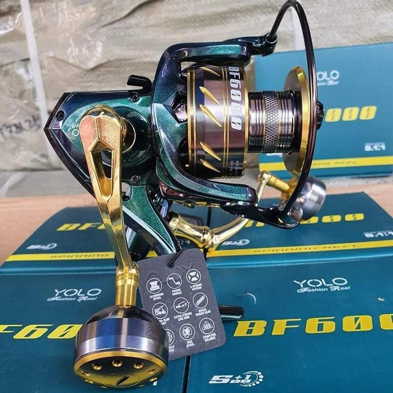  Máy Câu Cá  YOLO BF600 Tay Quay Mạ Vàng Đẹp Cối Bánh Răng Kim Loại Fishing Bắt Cá Đi Câu Cấu Hình Mobin Kim Loại Tốc Quay 5.1:1 Số Đạn 5+1 