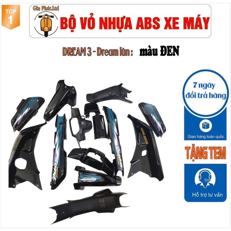 {Tặng kèm tem} Bộ vỏ nhựa dàn áo xe Dream lùn - Dream III màu ĐEN cung cấp phụ kiện xe máy