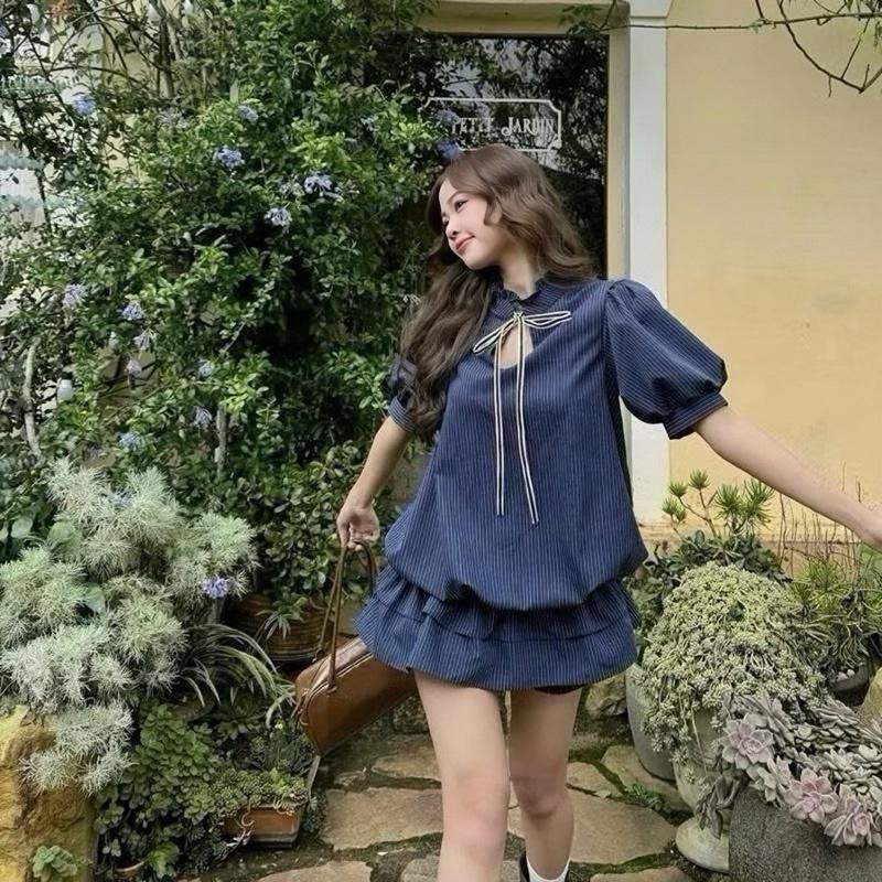 KÈM QUẦN Set Váy Kẻ Cổ Tàu Phối Bèo Buộc Nơ Tay Bồng Kèm Quần Bảo Hộ Rời Xinh Đáng Yêu