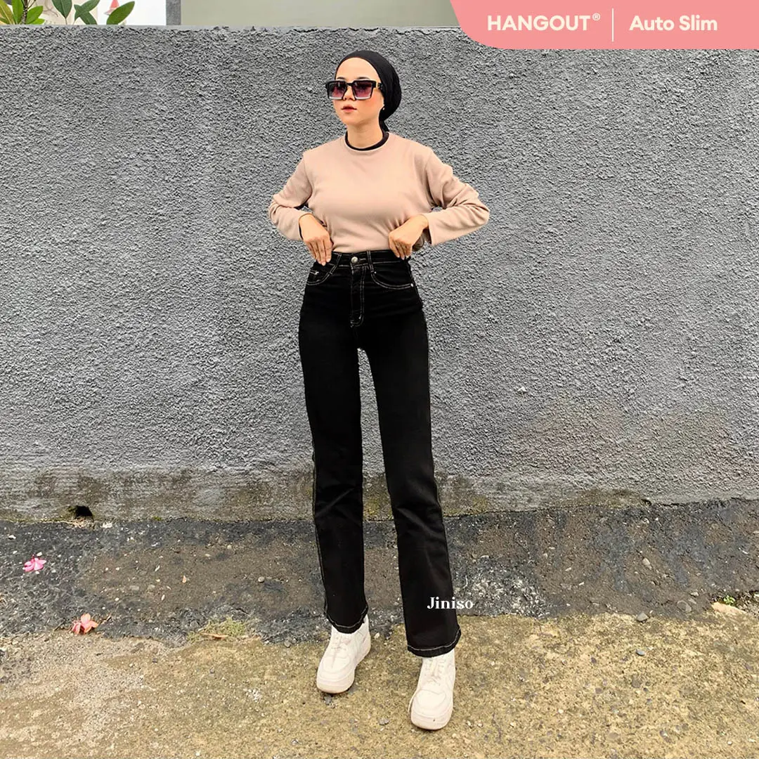 JINISO HANGOUT - 713 Cutbray Stretch Highwaist Pocket Celana Jeans Wanita Warna Black Gold
