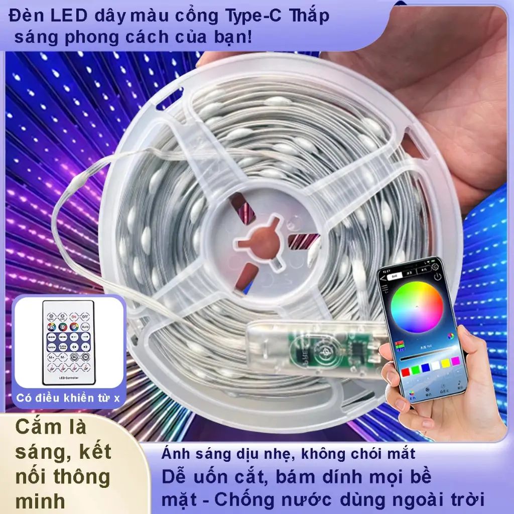 Dây Đèn Led RGB 5V 16 Triệu Màu Điều Khiển Remote 24 Phím, APP Điện Thoại Dài 10M Chống Nước Nháy Theo Nhạc