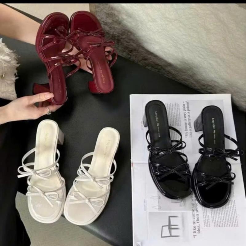 Dép cao gót nữ 2 quai  nơ mảnh ngọc trinh store Đế 2 lớp cao 9cm gót vuông da bóng _KM 042 