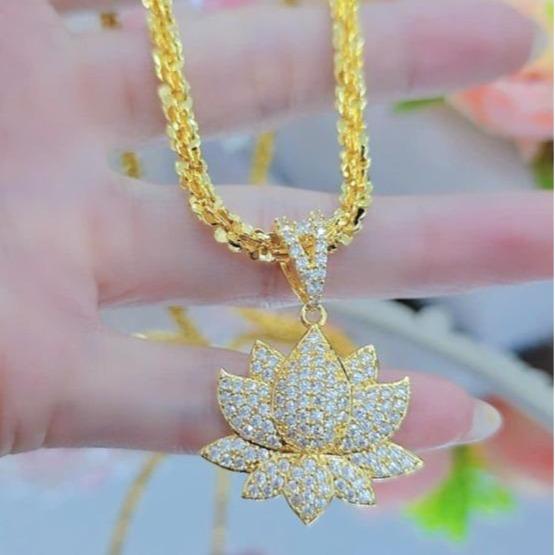  Dây chuyền Titan dây xoắn hoa mai 2 chỉ phối mặt hoa sen full đá xi vàng bền màu 