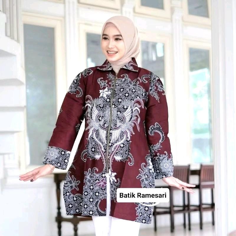Tunik Batik Wanita Merah Burgundy Premium Terbaru - Bahan Katun Prima Premium HQ - Dewasa, Panjang, Casual, Cewek, Linen, Motif, Baju, Hitam 3