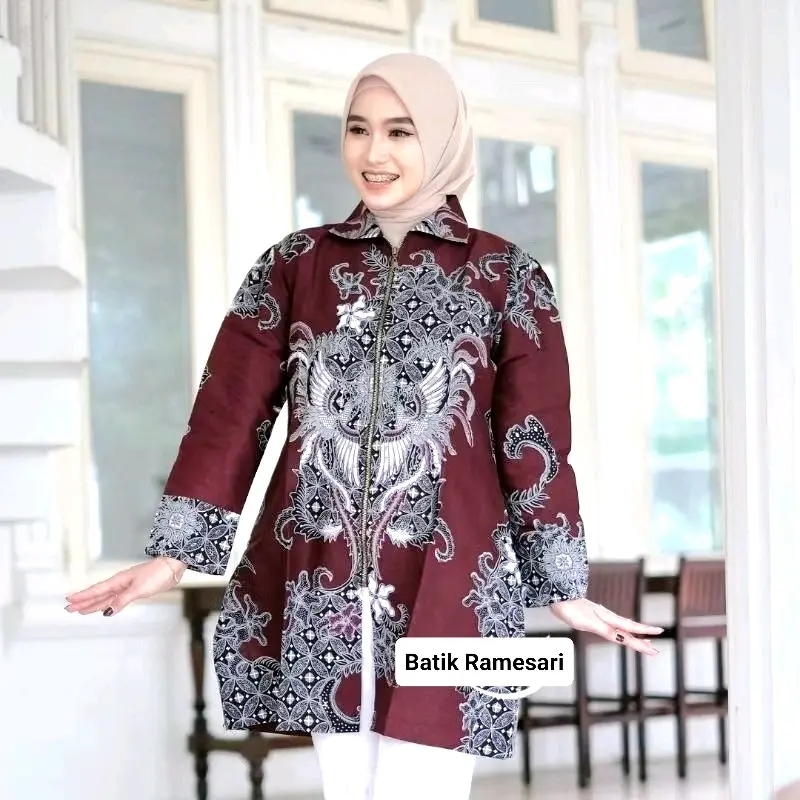 Tunik Batik Wanita Merah Burgundy Premium Terbaru - Bahan Katun Prima Premium HQ - Dewasa, Panjang, Casual, Cewek, Linen, Motif, Baju, Hitam 3