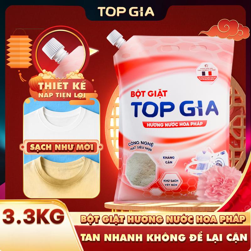BỘT GIẶT TOPGIA 3,3 KG hương nước hoa Hồng Pháp Topgia bột giặt hạt siêu mịn, kháng cặn và khử mùi,  không để lại cặn ngay cả khi giặt máy kdq