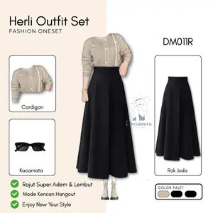 Setelan 3in1 Baju Set ( Cardigan Hanifa + Rok Joda + Hijab Bella Square + Kacamata ) DM011R baju setelan wanita elegan style  2024 Melar Muslim Panjang Simple Dewasa Atasan Remaja Kancing Oversize Variasi Bawahan Casual