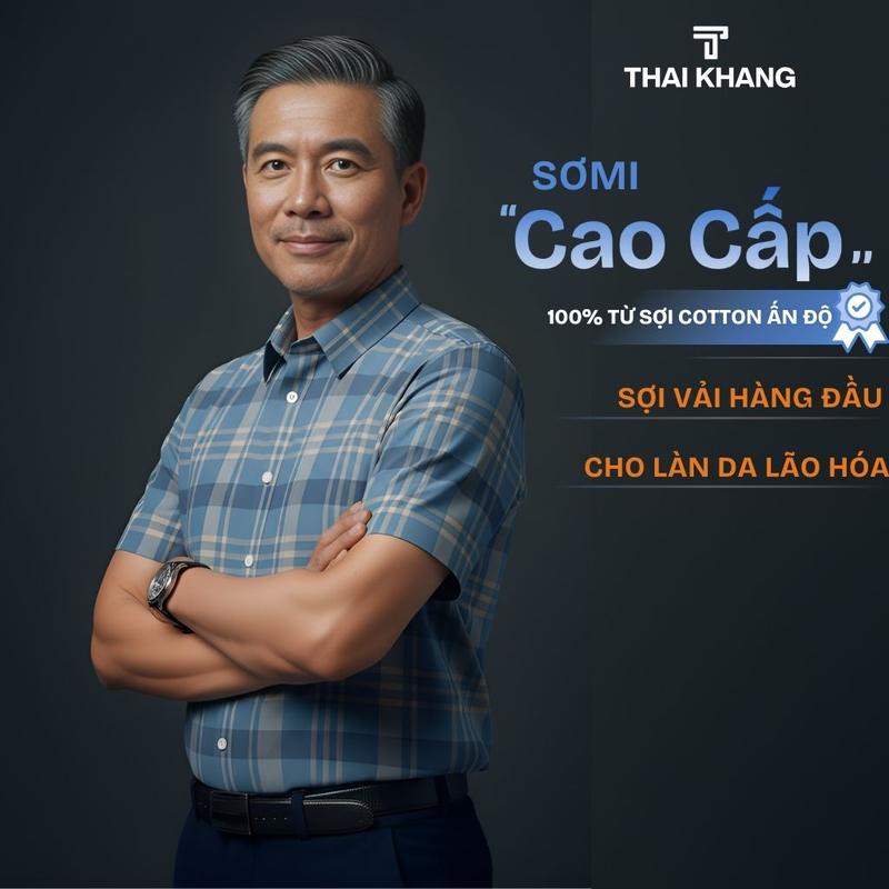 Thái Khang Áo Sơ Mi Nam Công Sở Trung Niên ATK50 - 100% Cotton Cao Cấp Màu Xanh Than Kẻ Caro Form Classic Thoải Mái Dễ Phối Quần Áo