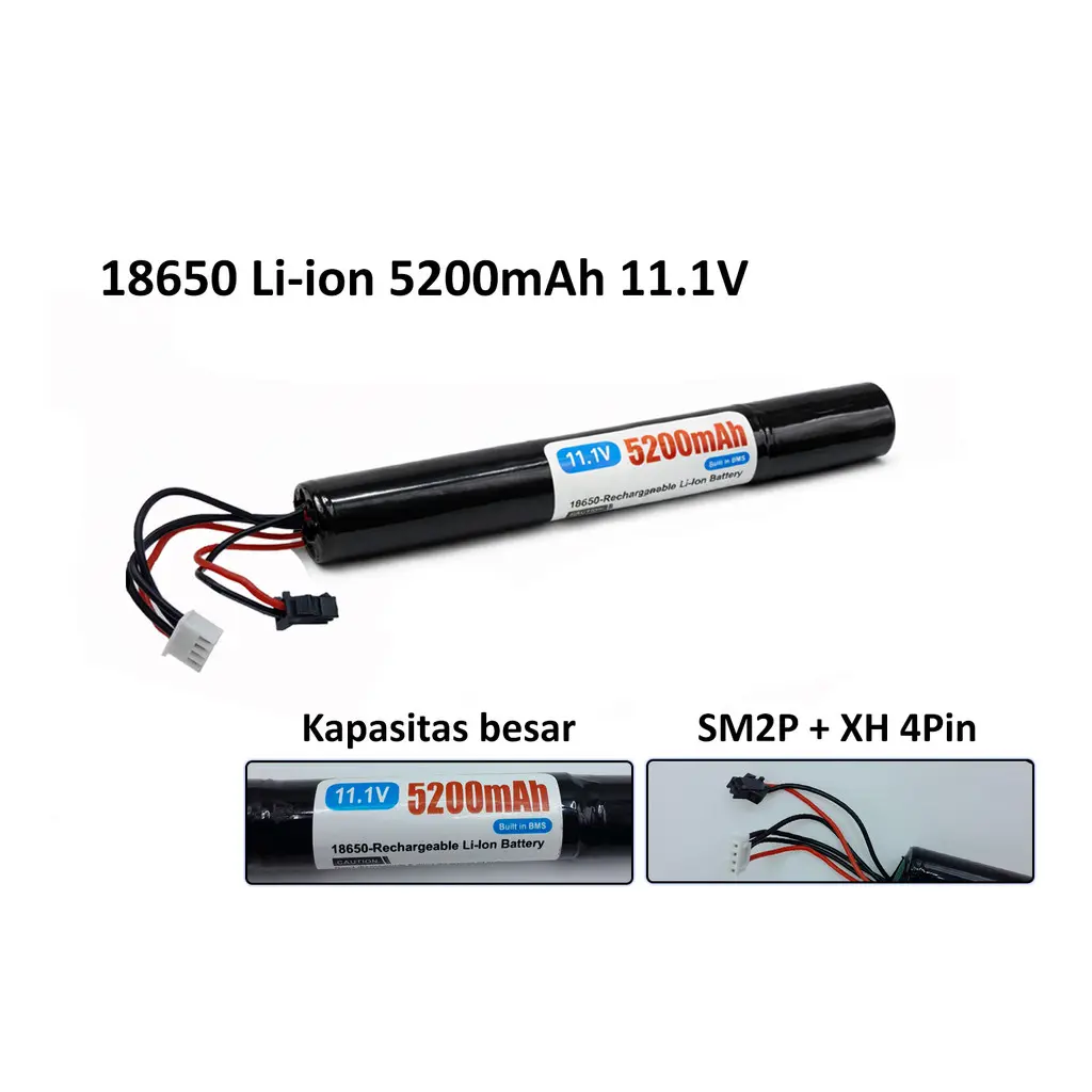 Baterai batre li-ion liion li ion18650 3s 11.1v 5200mAH SM 2pin XH 4pin plug airsoft air soft lontong