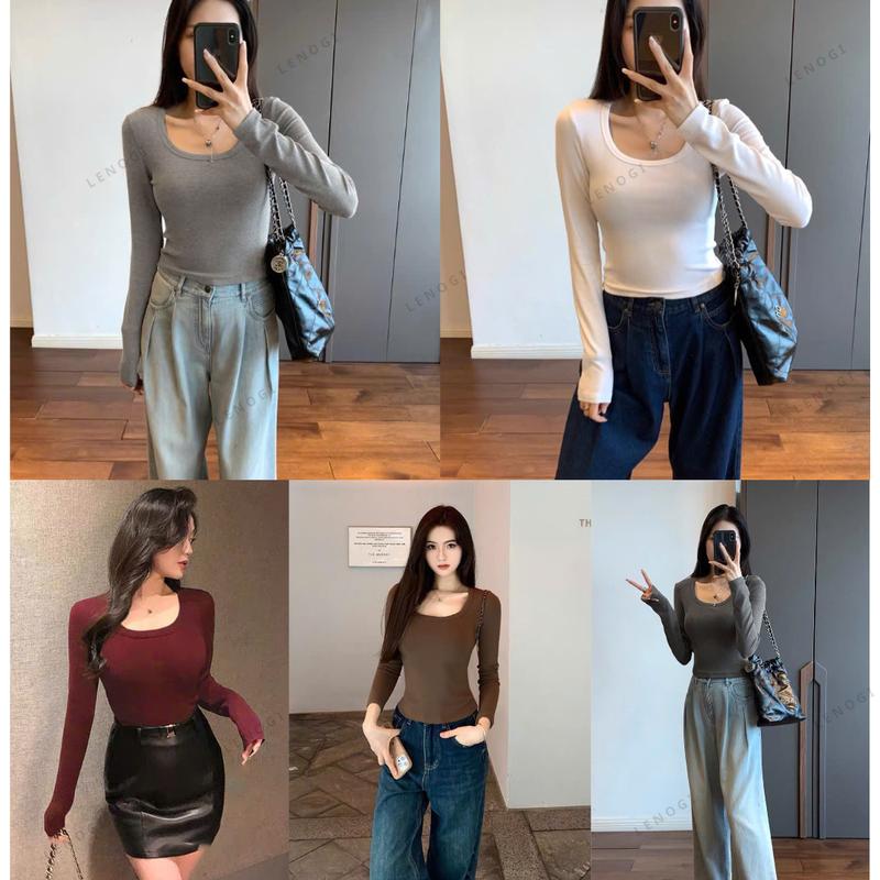 Áo dài tay cổ vuông LENOGI Áo thun giữ nhiệt ôm body A39 Nữ Cotton Top