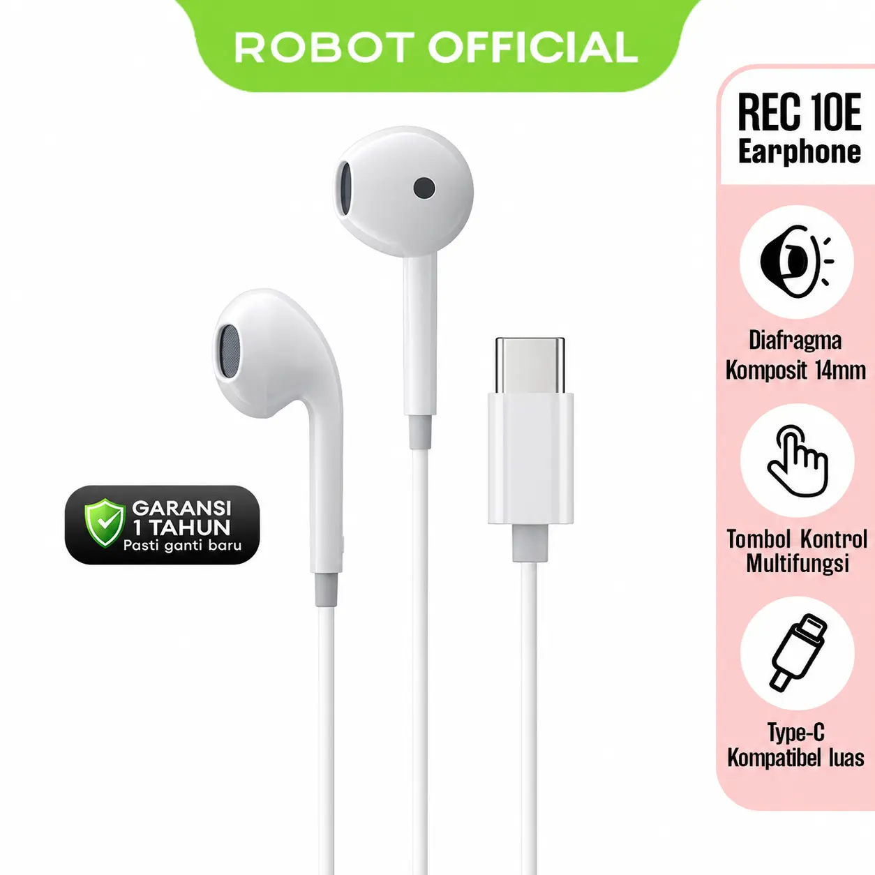 ROBOT Wired Earphone  Earphone Kabel REC 10E Headset Type-C 14mm dengan Mic & Volume Kontrol Dynamic Driver Semi In-Ear Bass - Garansi Resmi 1 Tahun - Bisa COD
