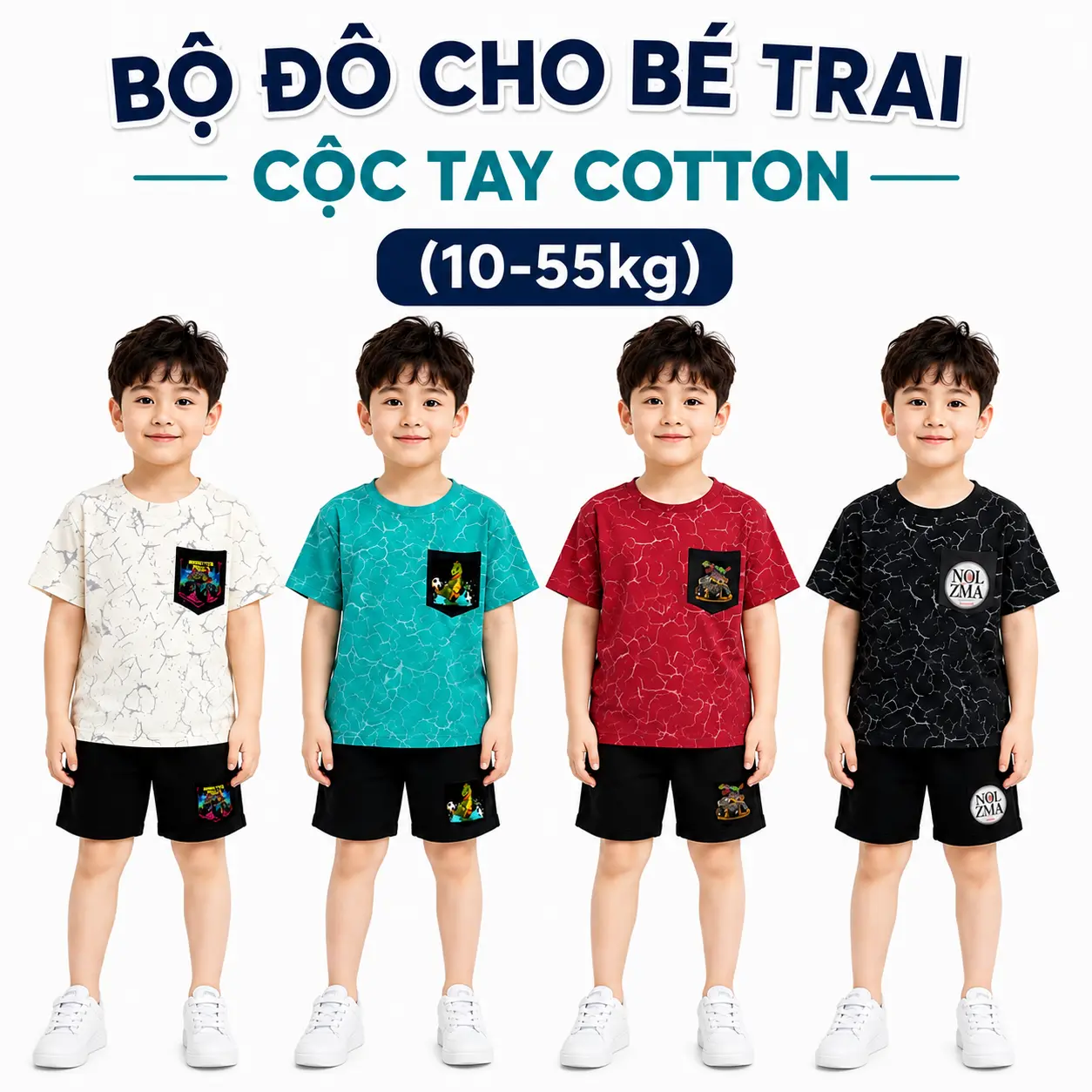 Bộ Đồ Cho Bé Trai Cộc Tay Cotton Phối Túi Ngực (10-55kg) - Đồ Cho Bé Trai Co Giãn 4C Mềm Mịn Mát Mẽ