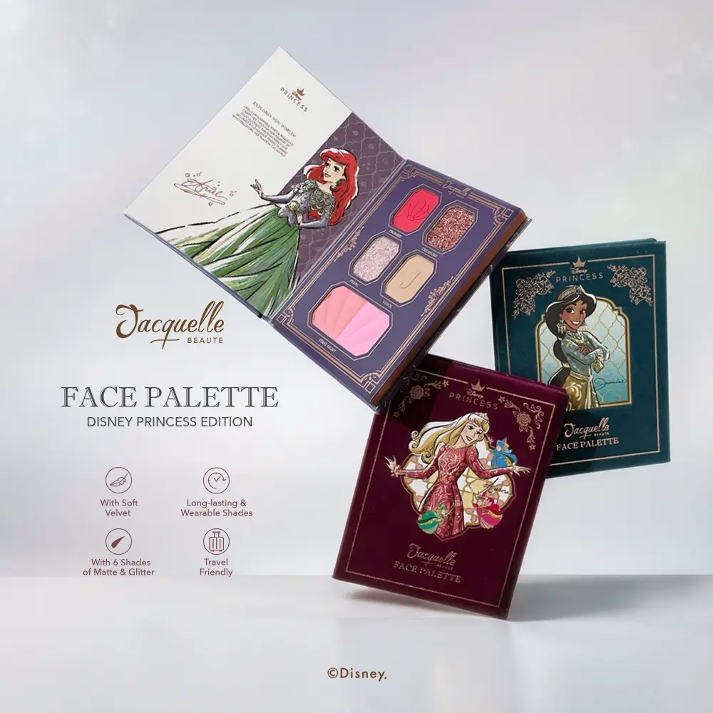 Jacquelle Face Palette Disney Princess - Jasmine, Aurora, Ariel Edition Eyeshadow Creamy - Box Wanita